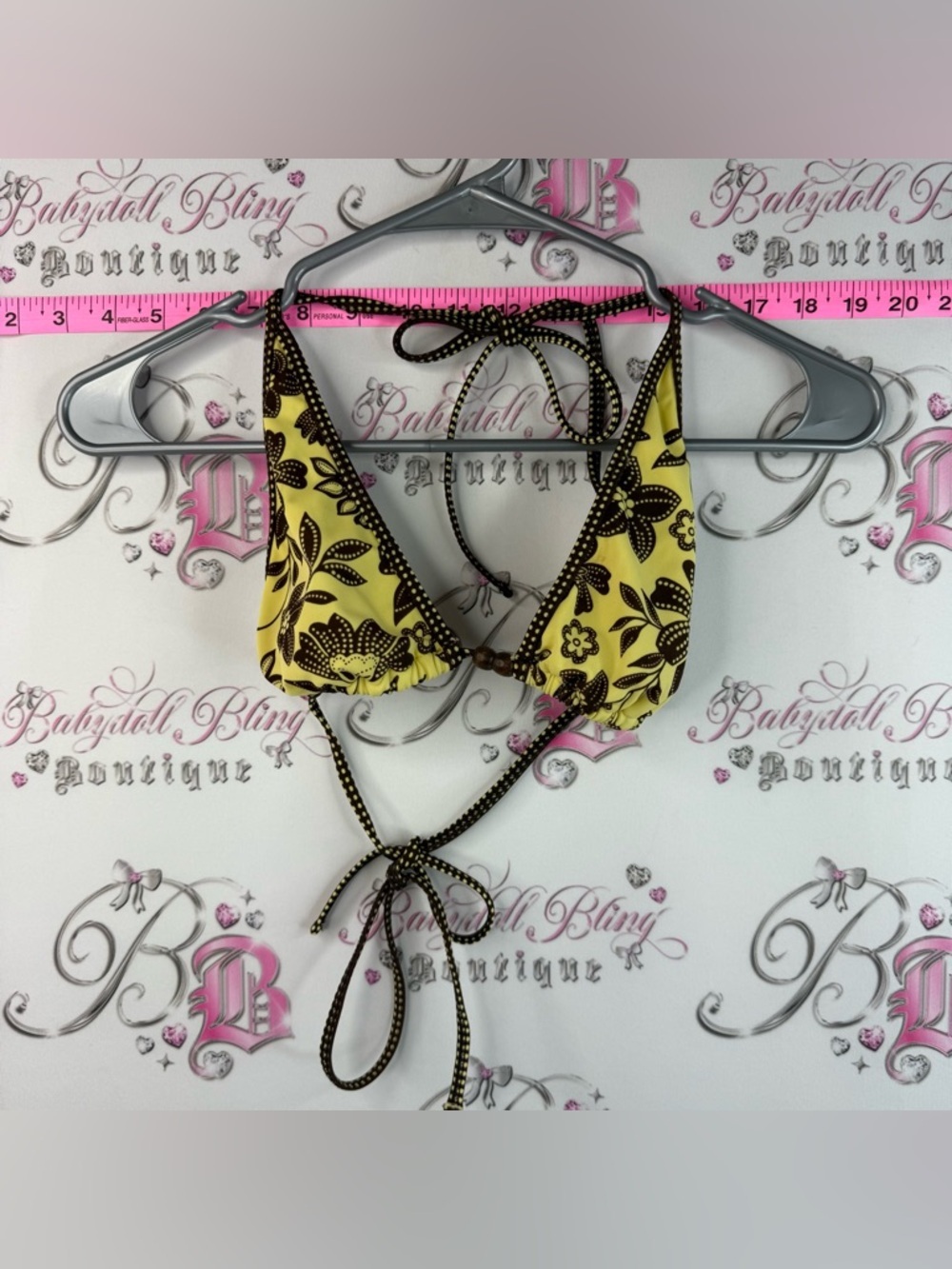 Pool Party Bralette Bathing suit top Yellow Floral Triangle with Brown Trim